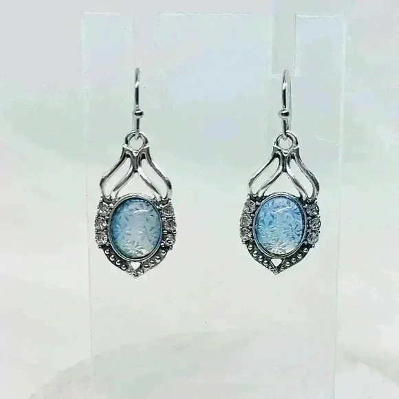 Sea Blue Flower Cabochons Rhinestone Earrings - Picture 1 of 6